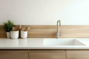 Kitchen furniture sink light wood. Generate Ai photo