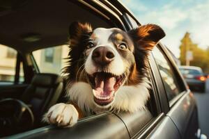 perro cabeza fuera coche transporte. generar ai foto