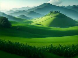 Green tea field on mountain, Generative AI Illustration. photo