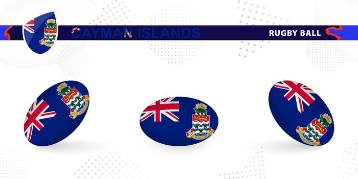 Rugby ball set with the flag of Cayman Islands in various angles on abstract background. vector
