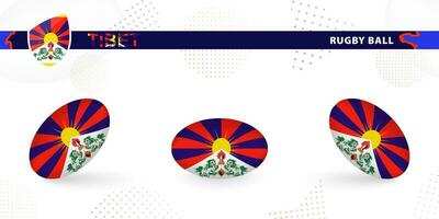 Rugby ball set with the flag of Tibet in various angles on abstract background. vector