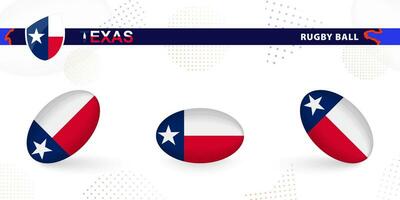 Rugby ball set with the flag of Texas in various angles on abstract background. vector