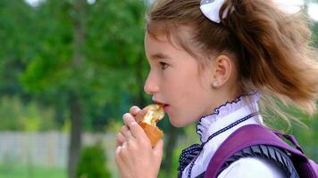 menina com uma mochila comendo torta perto escola. uma rápido lanche com uma pão, pouco saudável comida, almoço a partir de escola. costas para escola. Educação, primário escola Aulas, setembro 1 video