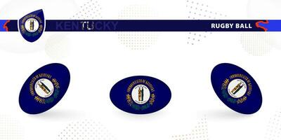 Rugby ball set with the flag of Kentucky in various angles on abstract background. vector