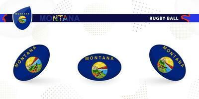 Rugby ball set with the flag of Montana in various angles on abstract background. vector