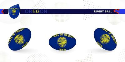 Rugby ball set with the flag of Oregon in various angles on abstract background. vector