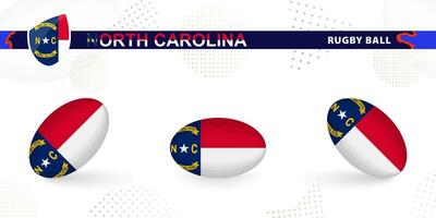 Rugby ball set with the flag of North Carolina in various angles on abstract background. vector