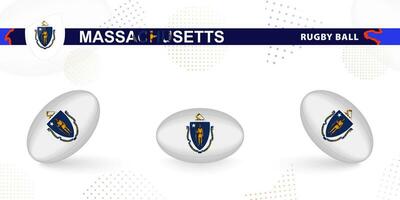 Rugby ball set with the flag of Massachusetts in various angles on abstract background. vector