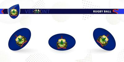 Rugby ball set with the flag of Vermont in various angles on abstract background. vector