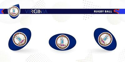 Rugby ball set with the flag of Virginia in various angles on abstract background. vector