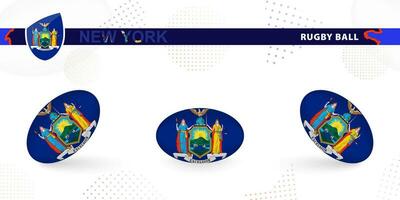 Rugby ball set with the flag of New York in various angles on abstract background. vector