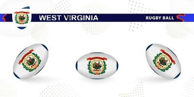 Rugby ball set with the flag of West Virginia in various angles on abstract background. vector