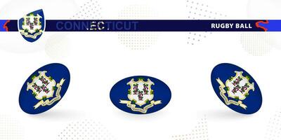 Rugby ball set with the flag of Connecticut in various angles on abstract background. vector