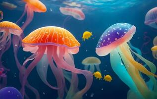 Colorful jellyfish under the sea, Generative AI Illustration. photo