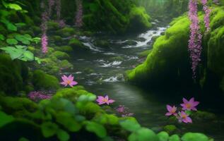 A river in forest with many plants, Generative AI Illustration. photo
