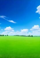 Green meadow and blue sky, Generative AI Illustration. photo