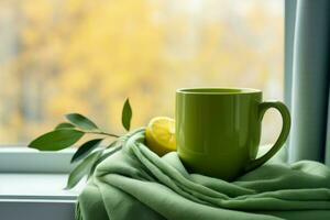 Green mug with lemon, scarf window. Generate Ai photo