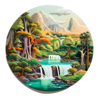 Ai generated cartoon forest scene with a waterfall and trees png