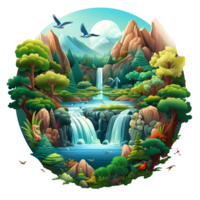 Ai generated cartoon forest scene with a waterfall and trees png