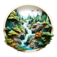 Ai generated cartoon forest scene with a waterfall and trees png