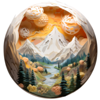 Ai generated paper cut of a mountain landscape with a river and sun png