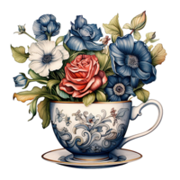 ai generiert Blau und Weiß Blumen- Anordnung im ein Teetasse png