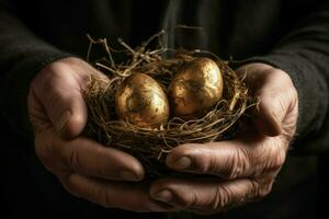 Golden egg holding nest. Generate Ai photo