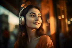 Girl listen music. Generate Ai photo