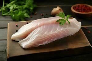 Raw fish fillet board. Generate Ai photo