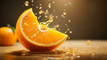 Fresh half slice of ripe orange fruit floation with splash drop on orange juice with copy space. Ai Generated photo