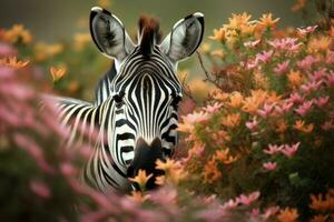 Zebra in flowers portrait. Generate Ai photo