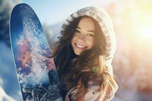 Woman holding snowboard morning. Generate Ai photo