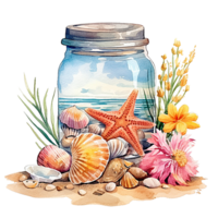 ai generiert Aquarell Illustration von ein Krug mit Muscheln und Seestern png