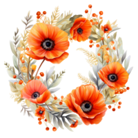 Ai generated illustration of orange flowers wreath on transparent background png