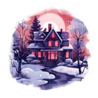 Ai generated winter house with snow and trees on a snowy night png