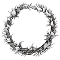 Ai generated black and white drawing of a wreath of leaves png