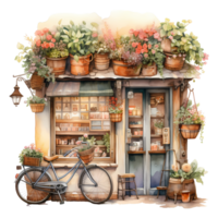 Ai generated small shop with a bicycle and flowers on the front png