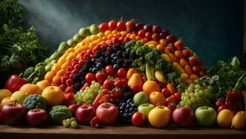 Fruta y vegetal arcoíris. ai generado foto