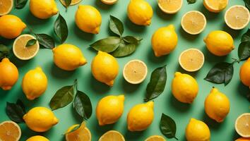 Ripe juicy lemons, orange and green leaves on bright yellow background. Lemon fruit, citrus minimal concept, vitamin C. Creative summer minimalistic background. Ai Generated photo