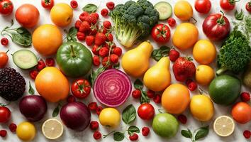 pattern of various fresh vegetables and fruits isolated on white background, top view, flat lay. Composition of food, concept of healthy eating. Food texture. Ai Generated photo