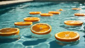 Creative summer background with orange fruit slices in swimming pool water. Summer wallpaper with copy space. Ai Generated photo