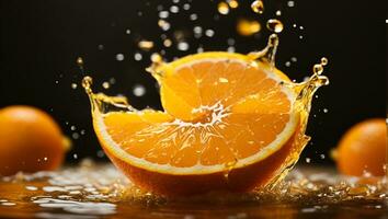 Fresh half slice of ripe orange fruit floation with splash drop on orange juice with copy space. Ai Generated photo
