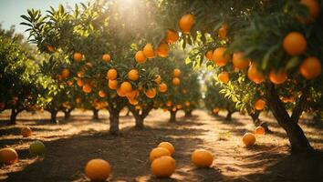 un naranja arboleda con un montón de naranjas creciente en el arboles en el rayos de sol de el Dom brillante mediante el hojas de el árbol. ai generado foto