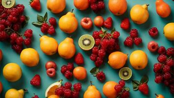 creativo plano diseño de Fruta en el formar de un patrón, parte superior vista. comida fondo.. ai generado foto
