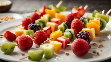 Fresco arco iris Fruta brochetas en blanco lámina. ai generado foto