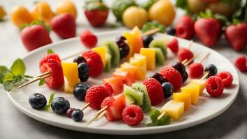 Fresco arco iris Fruta brochetas en blanco lámina. ai generado foto