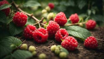 Branch of ripe raspberries in a garden. Ai Generated photo