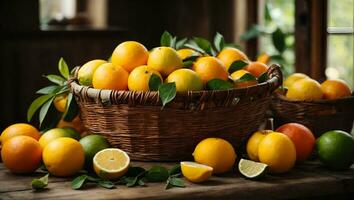 Fresh and juicy citrus fruits in the basket on the rustic table. Ai Generated photo