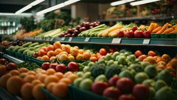 Fresh vegetables on the counter in the supermarket. Ai Generated photo