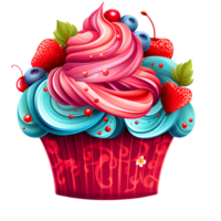 Cup cake, vibrant in colors, sweet, aromatic, and delicious, like a dream. Topped with cherry, green, and pink sherbet, it's a delightful and fresh treat that children adore.  AI Generative png
